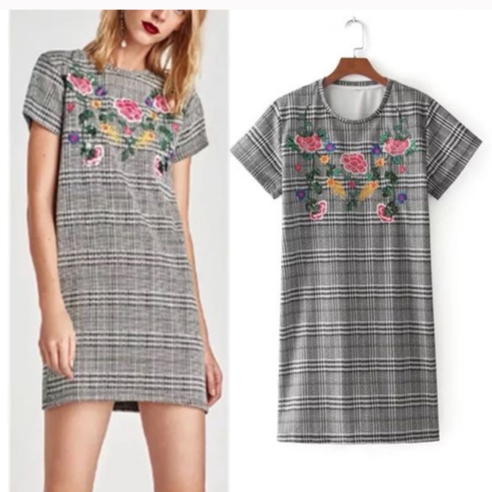 Zara Plaid Floral Embroidery Shift Dress size M - Picture 1 of 3